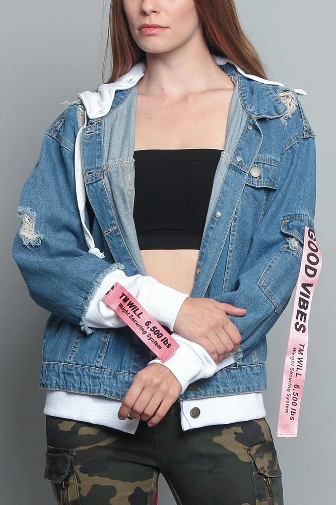 Ultraviolet Protection NonRestrictiveFit Distressed Double Denim Jacket