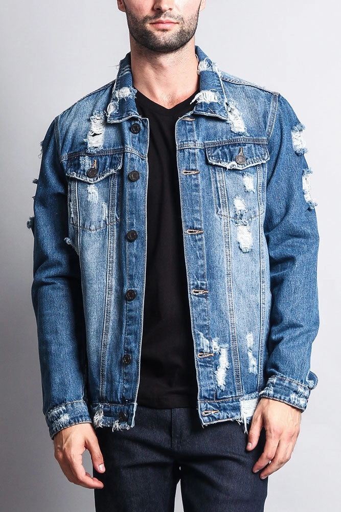 Reversible Style AntiSnag Lining Material Distressed Faded Denim Jacket