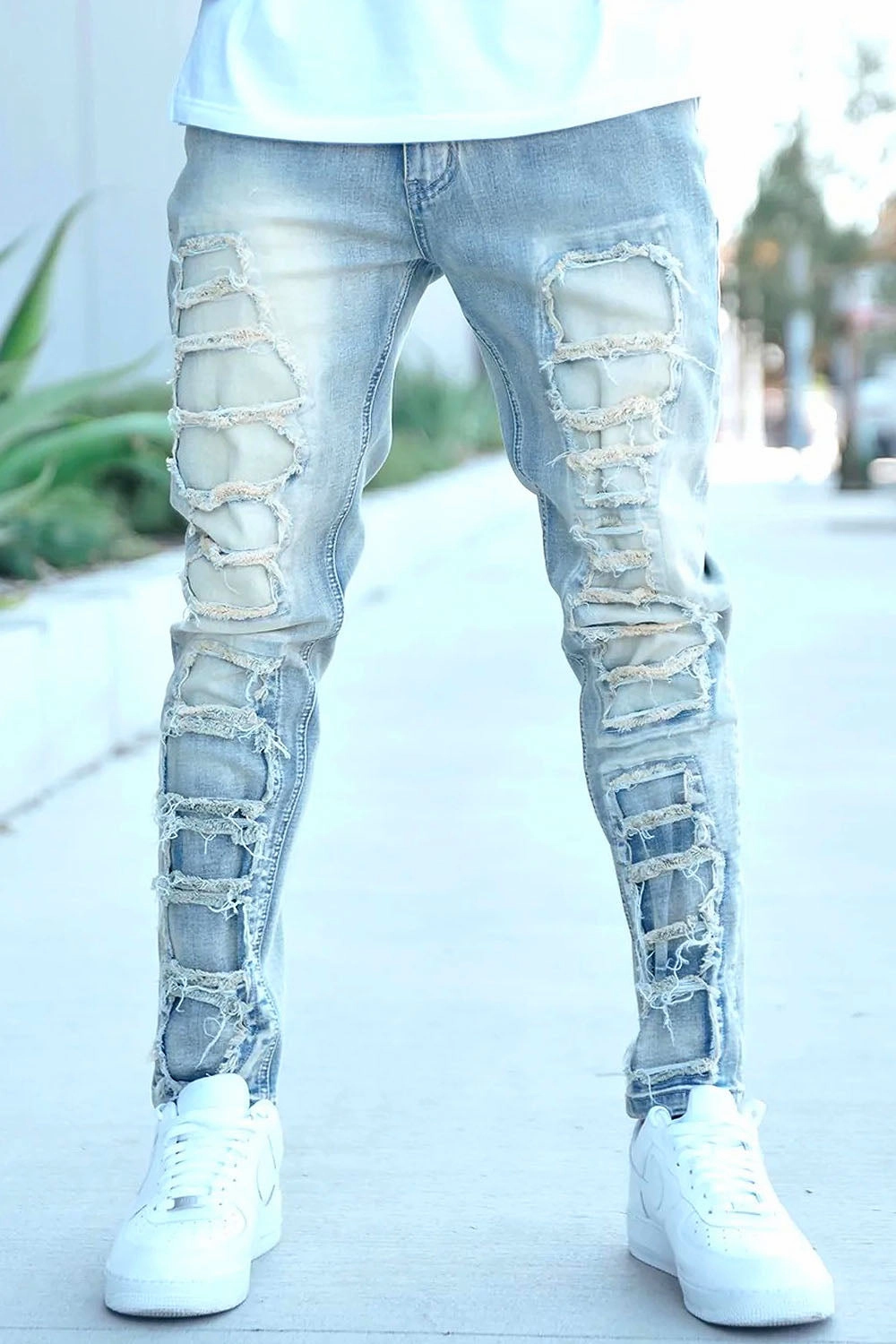 Distressed Inner Patched Denim Jeans Chic Fit