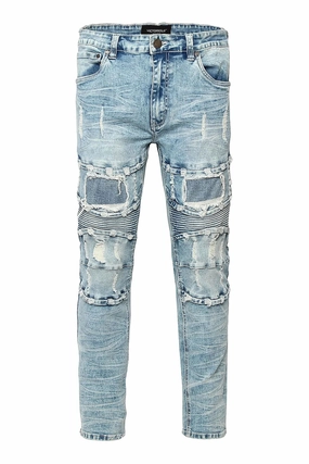 Distressed Stacked Washed Biker Denim Jeans Fashion Fit