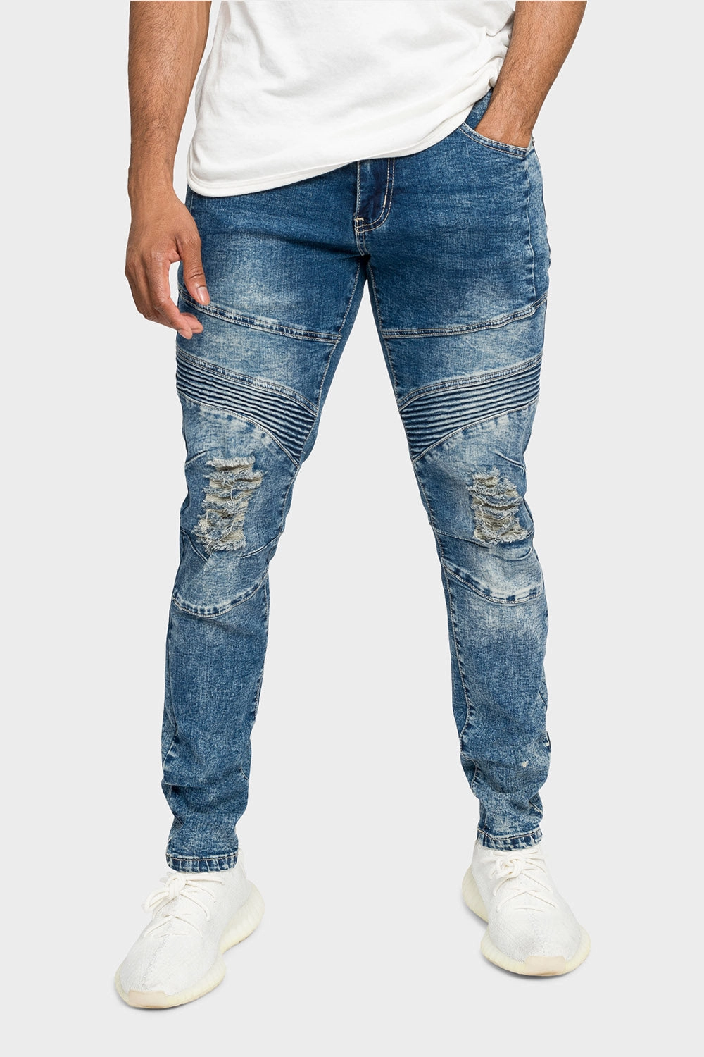 Distressed Stitch Stacked Moto Biker Jeans Slim Profile Roll-up style