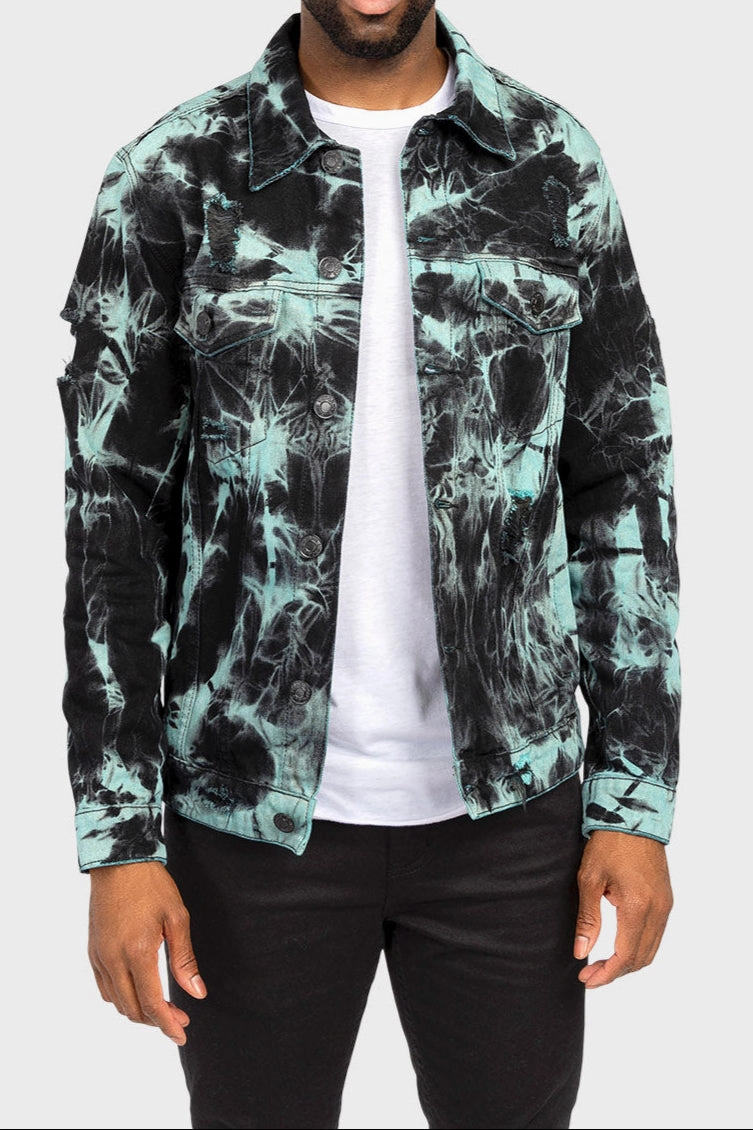 AbrasionResistant Distressed Tie Dye Denim Jacket