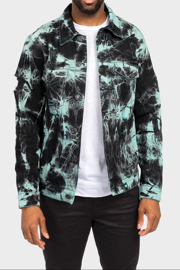 Distressed Tie Dye Denim Jacket Outdoor Trip Heat Keep