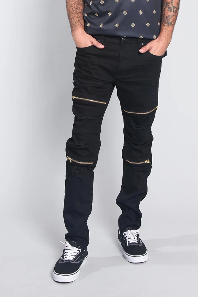 Distressed Zipper Denim Jeans AntiPilling