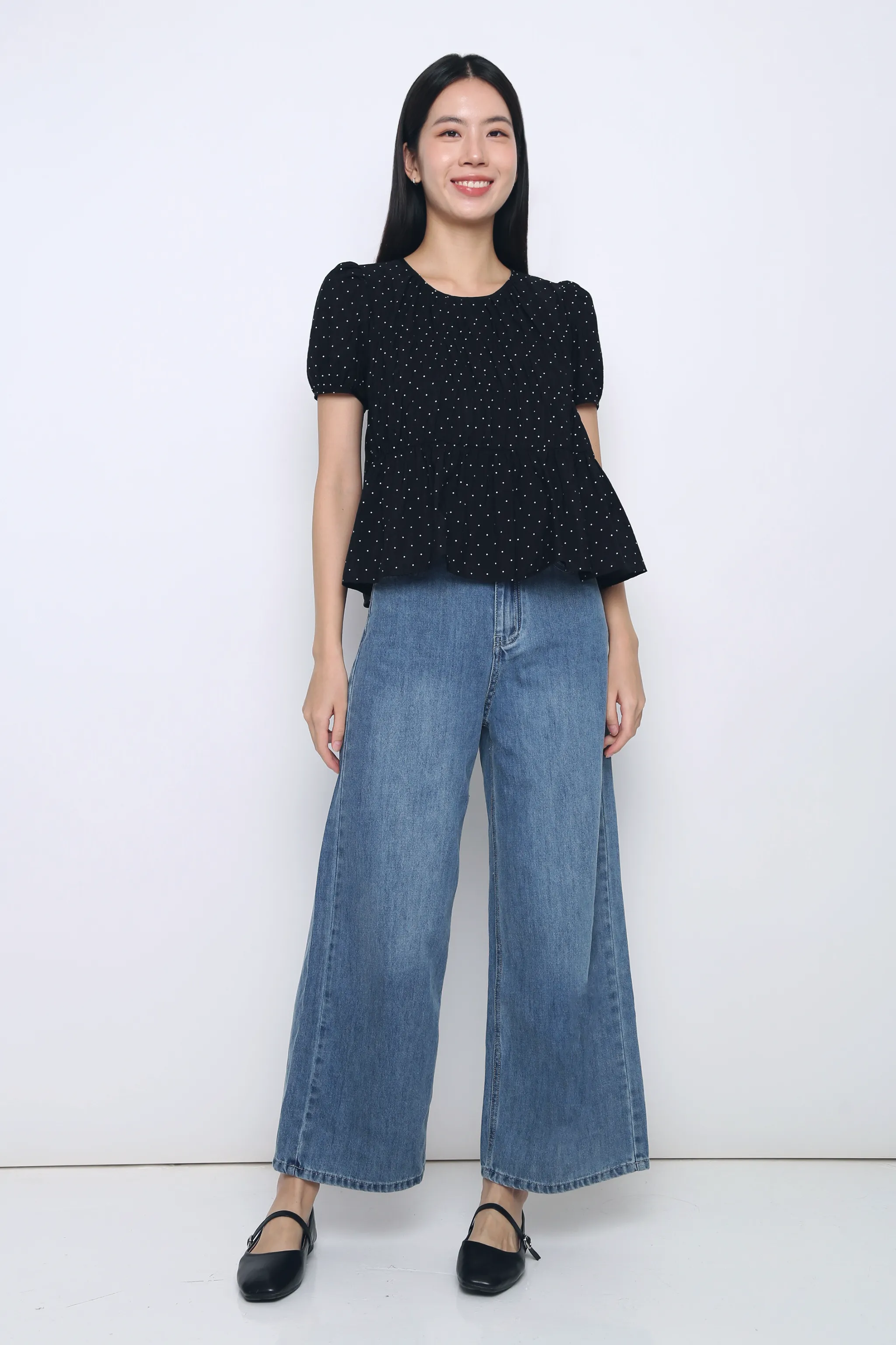 Reinforced Neckline Detail WrinkleFree Weaving Dotty Days Flare Blouse Black