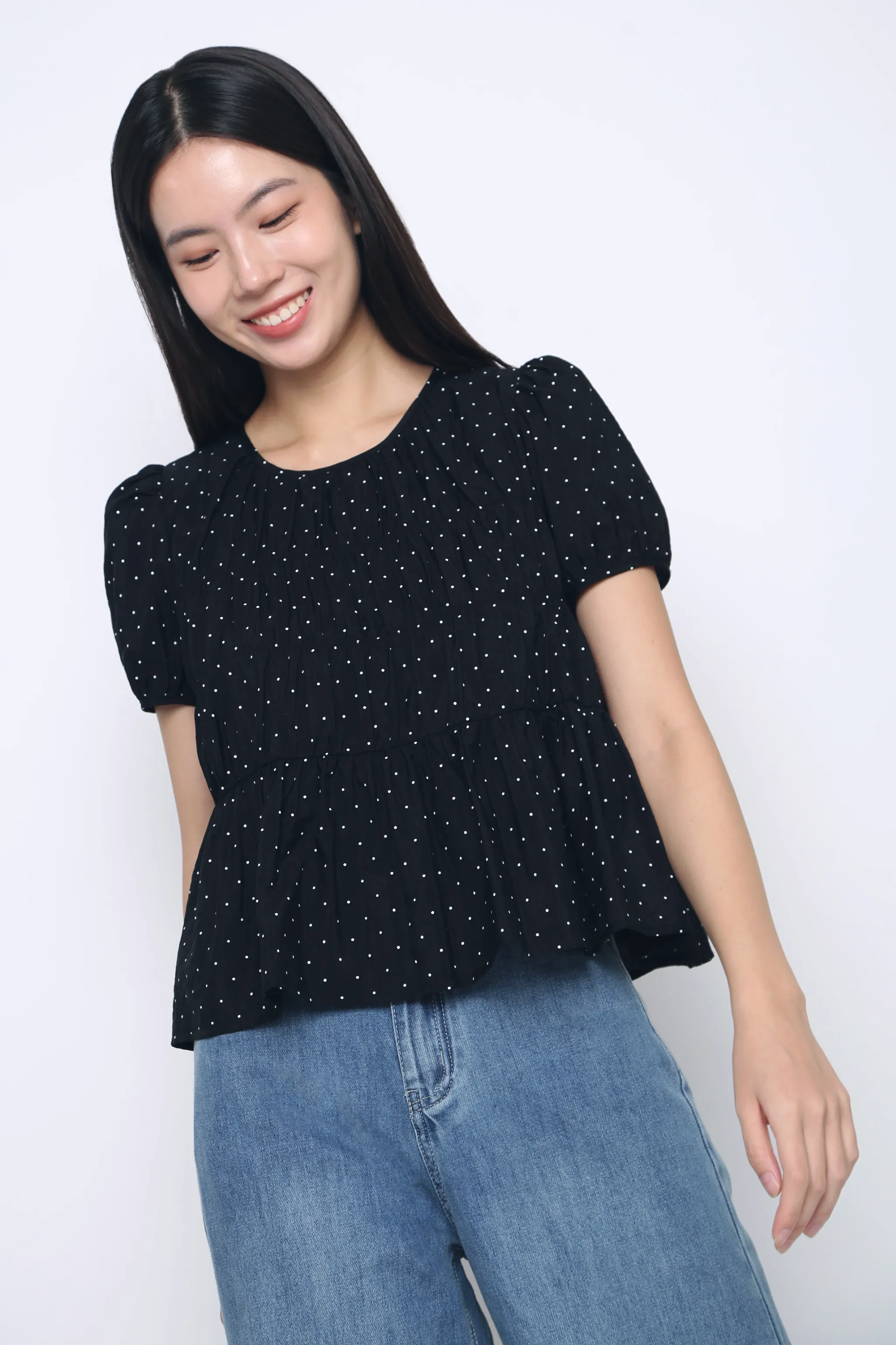 QuickDry Performance BreathableMeshPanels Dotty Days Flare Blouse Black