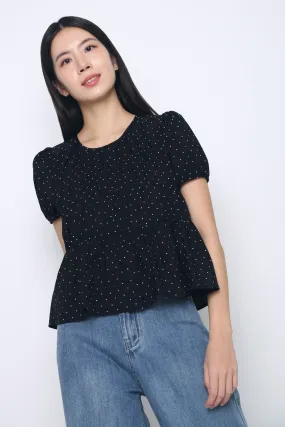 FrenchTerryTexture Slim Silhouette Dotty Days Flare Blouse Black