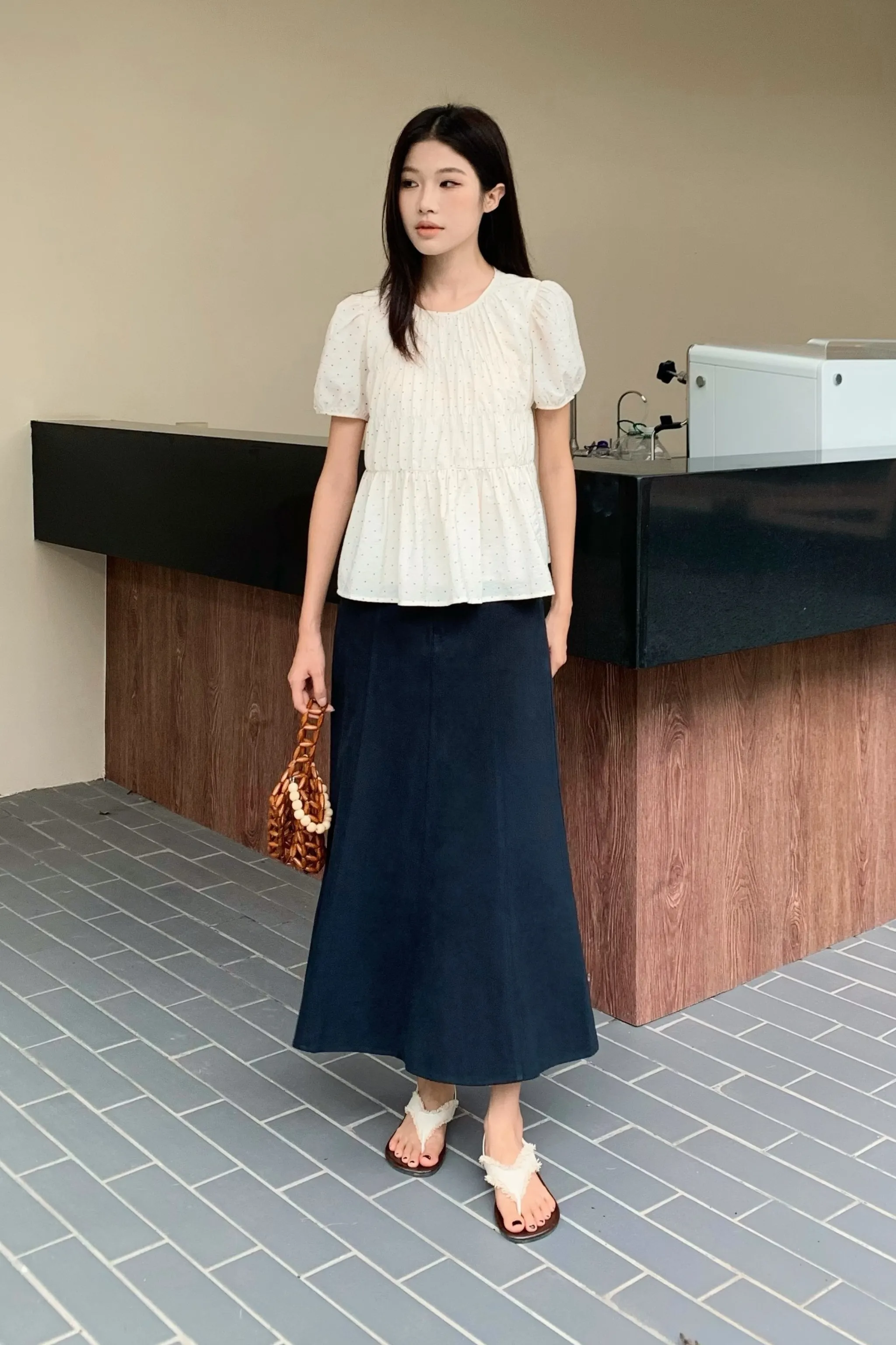 Dotty Days Flare Blouse Ivory Fitted Blouse Hidden Zipper Closure