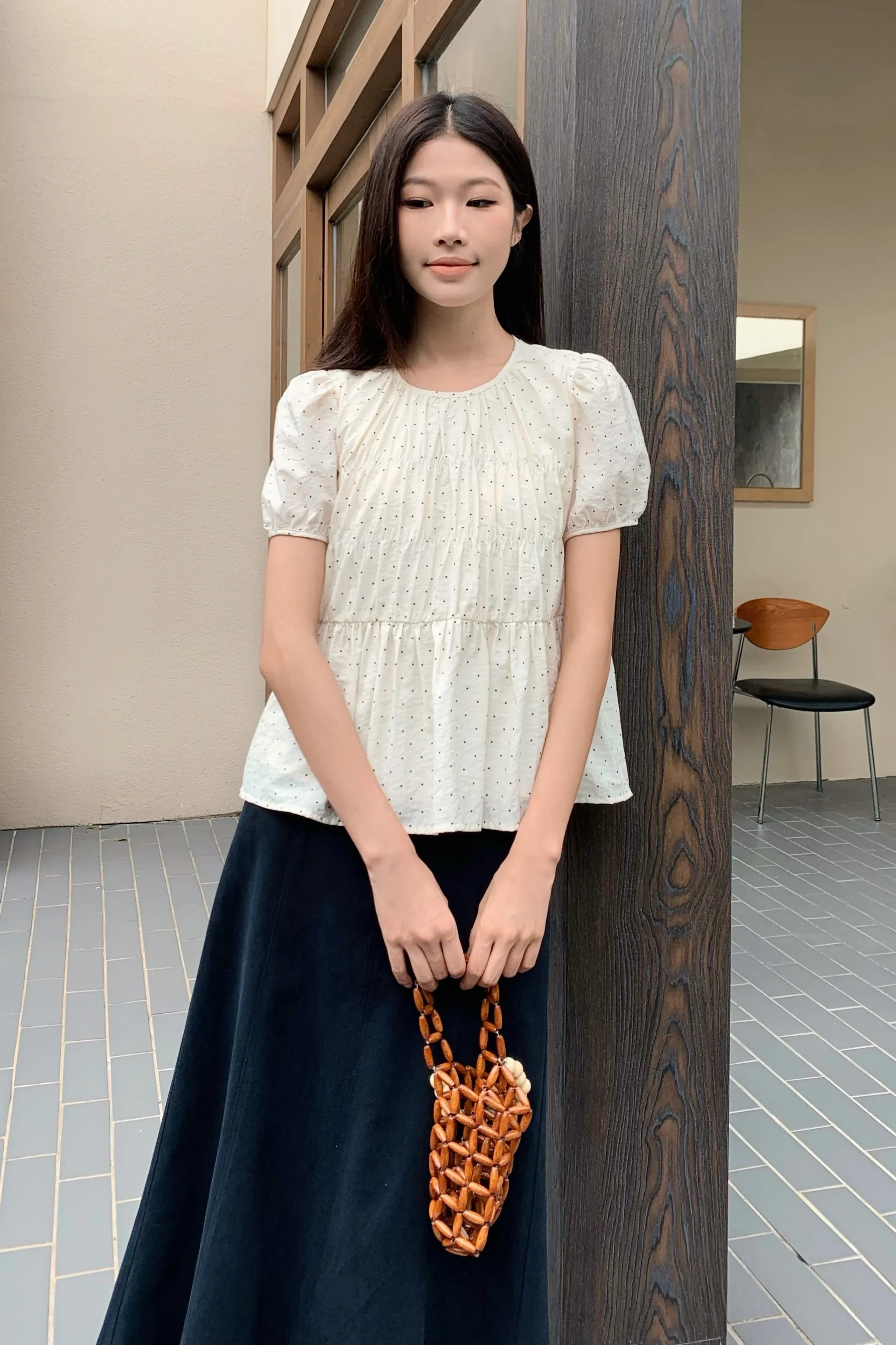 ClassicCrewNeck Sustainable Waterproofing Dotty Days Flare Blouse Ivory