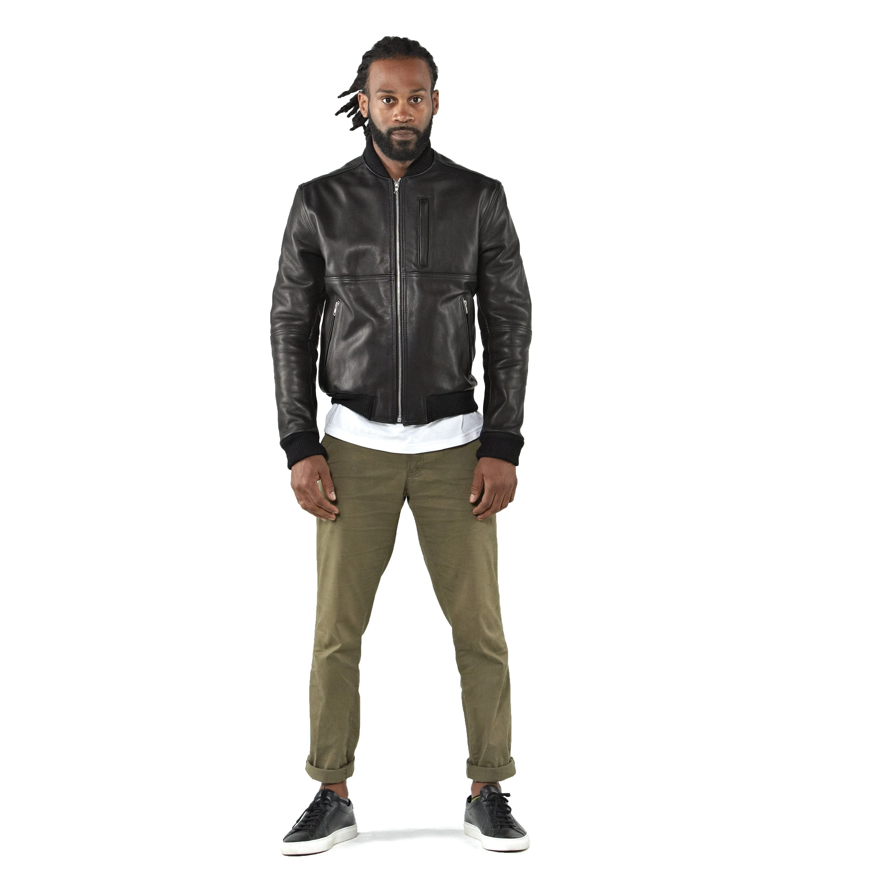 THE MARCY Leather Bomber - Black Vegan Leather Accents Reflective Bands