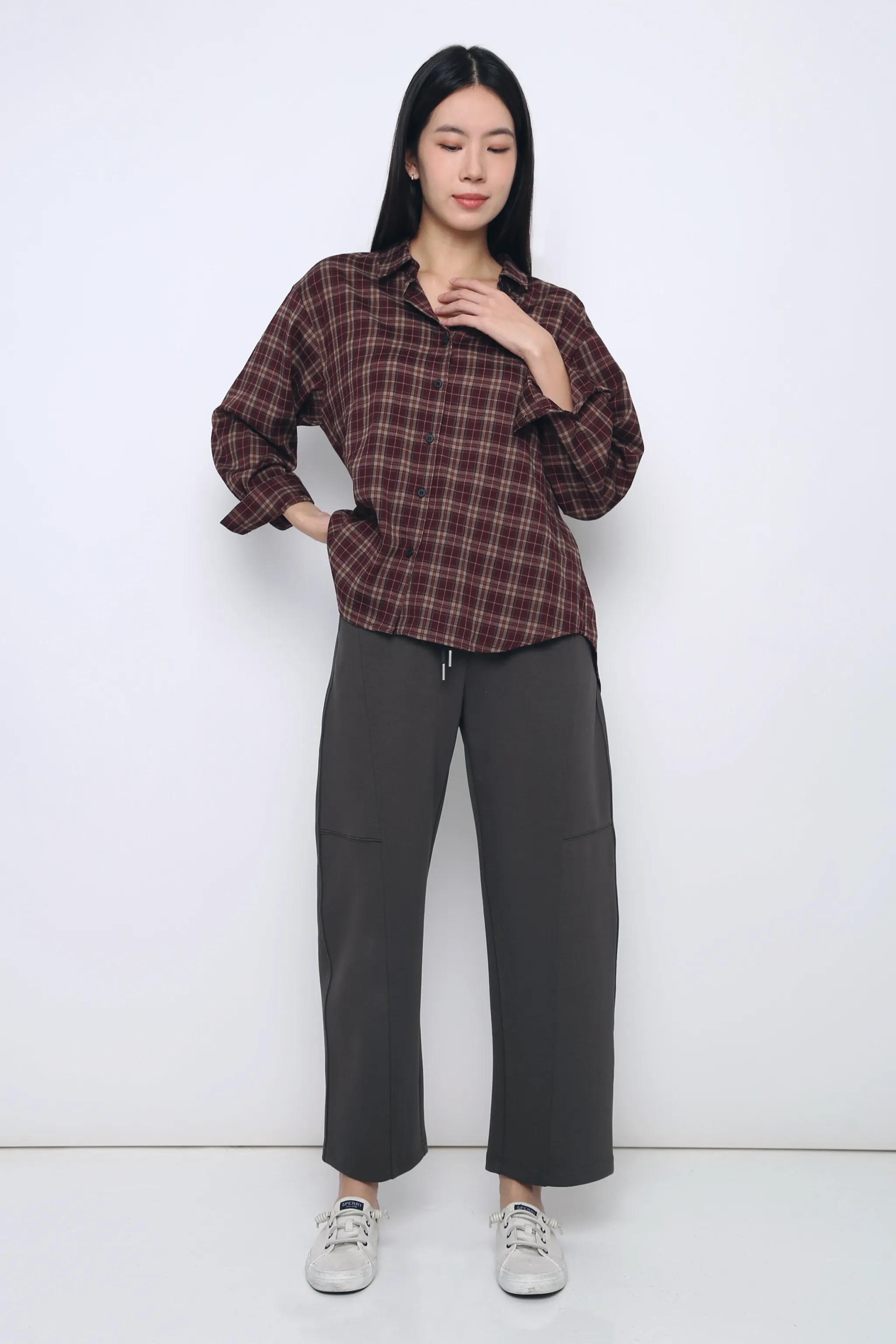 Drift Club Gingham Shirt Maroon DoubleStitched Hemming