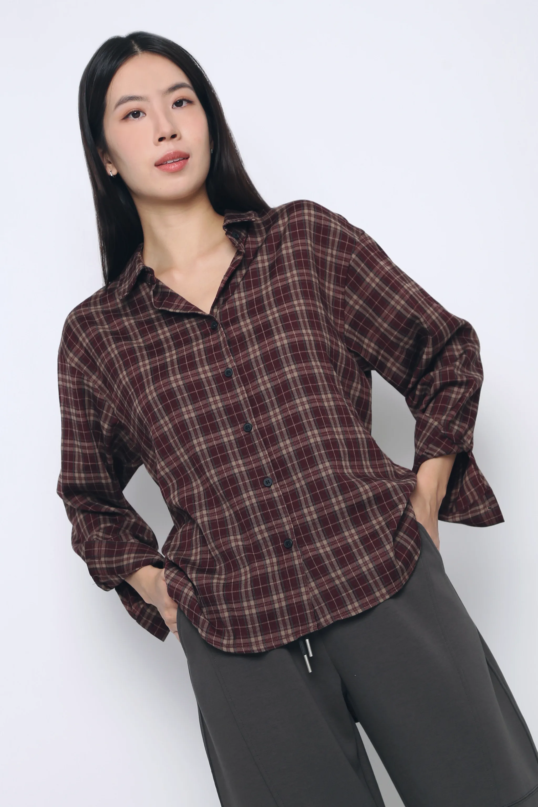 Flexible Waistband Drift Club Gingham Shirt Maroon