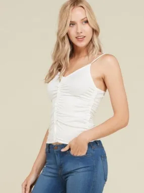DoubleLayered Exposure Cinched Ruffle Cami Top