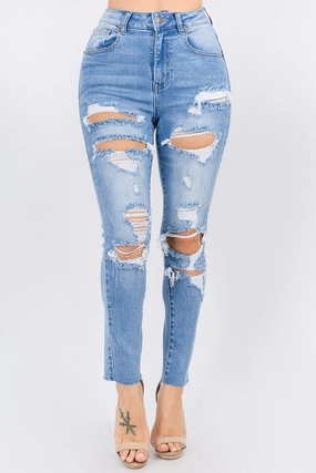 Women's High Rise Distressed Washed Out Denim Skinny Jeans Contoured Panel Design