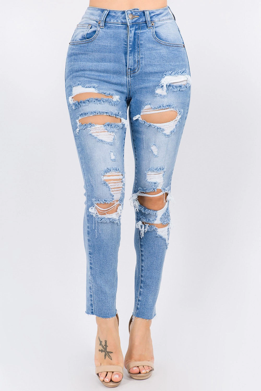 Women's High Rise Distressed Washed Out Denim Skinny Jeans Slim Look Fit Relax Mode