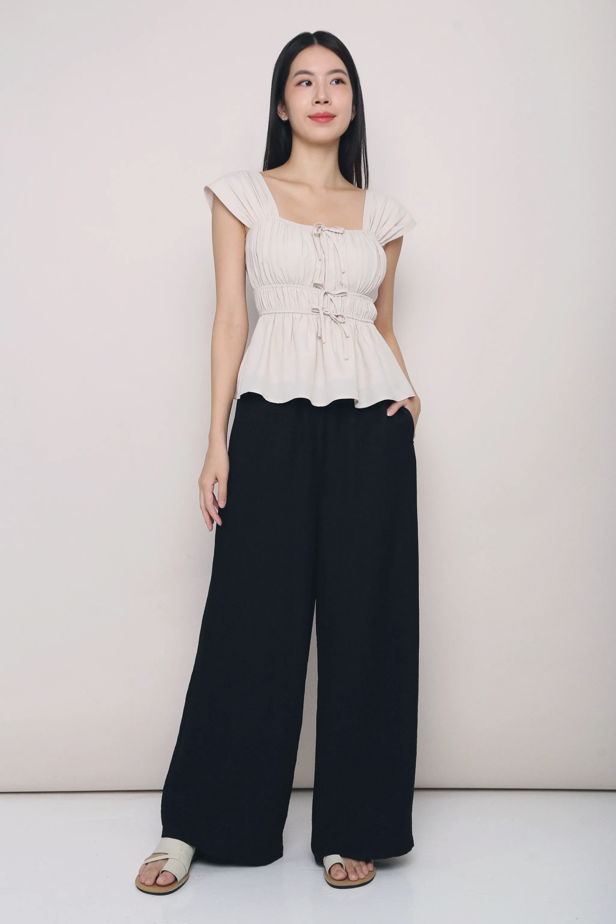 Erin Ribbon Fan Sleeves Blouse Cream Non Irritating Seams Breathable Microfiber