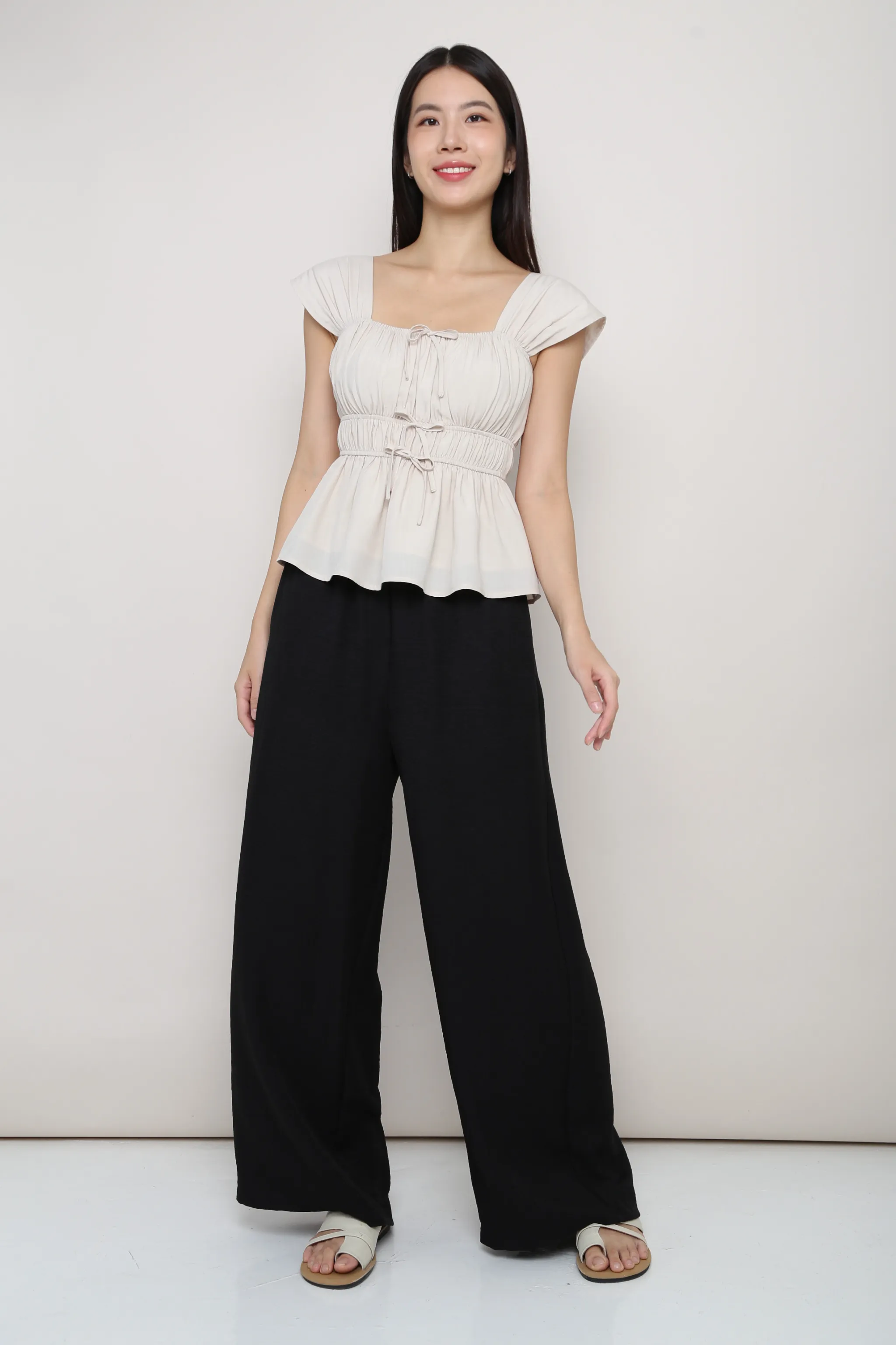 Erin Ribbon Fan Sleeves Blouse Cream Non Restrictive Armhole Cut Slim Fit Shirt