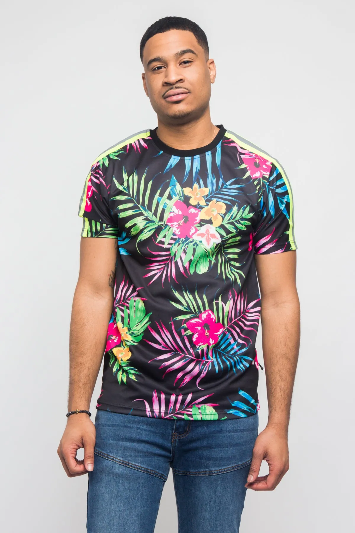 Reflective Neon Floral T-Shirt Reinforced Neckline