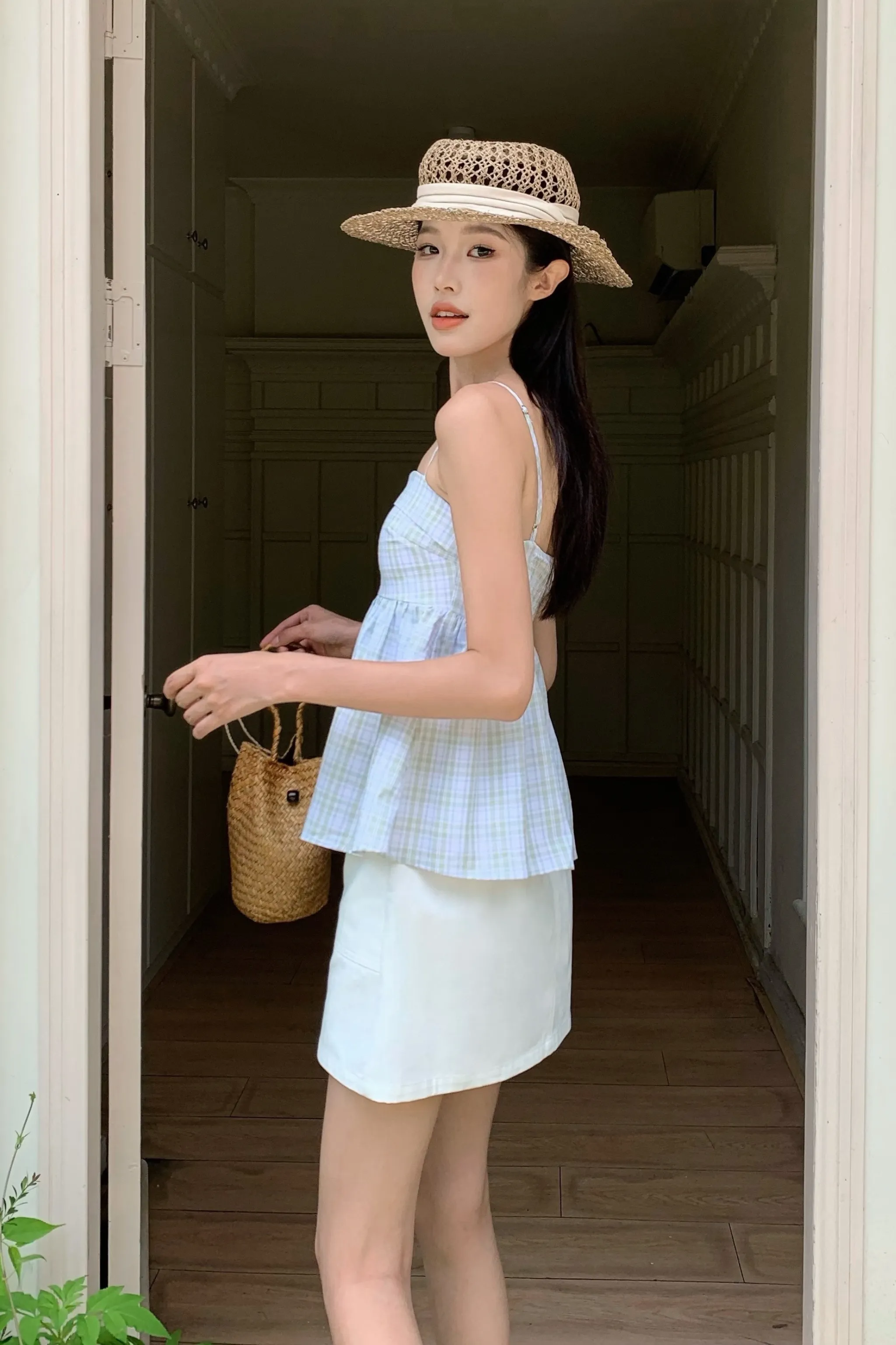 RibbedHemline TaglessNecklineComfort Mimi Checks Strappy Top Sage (Restock)