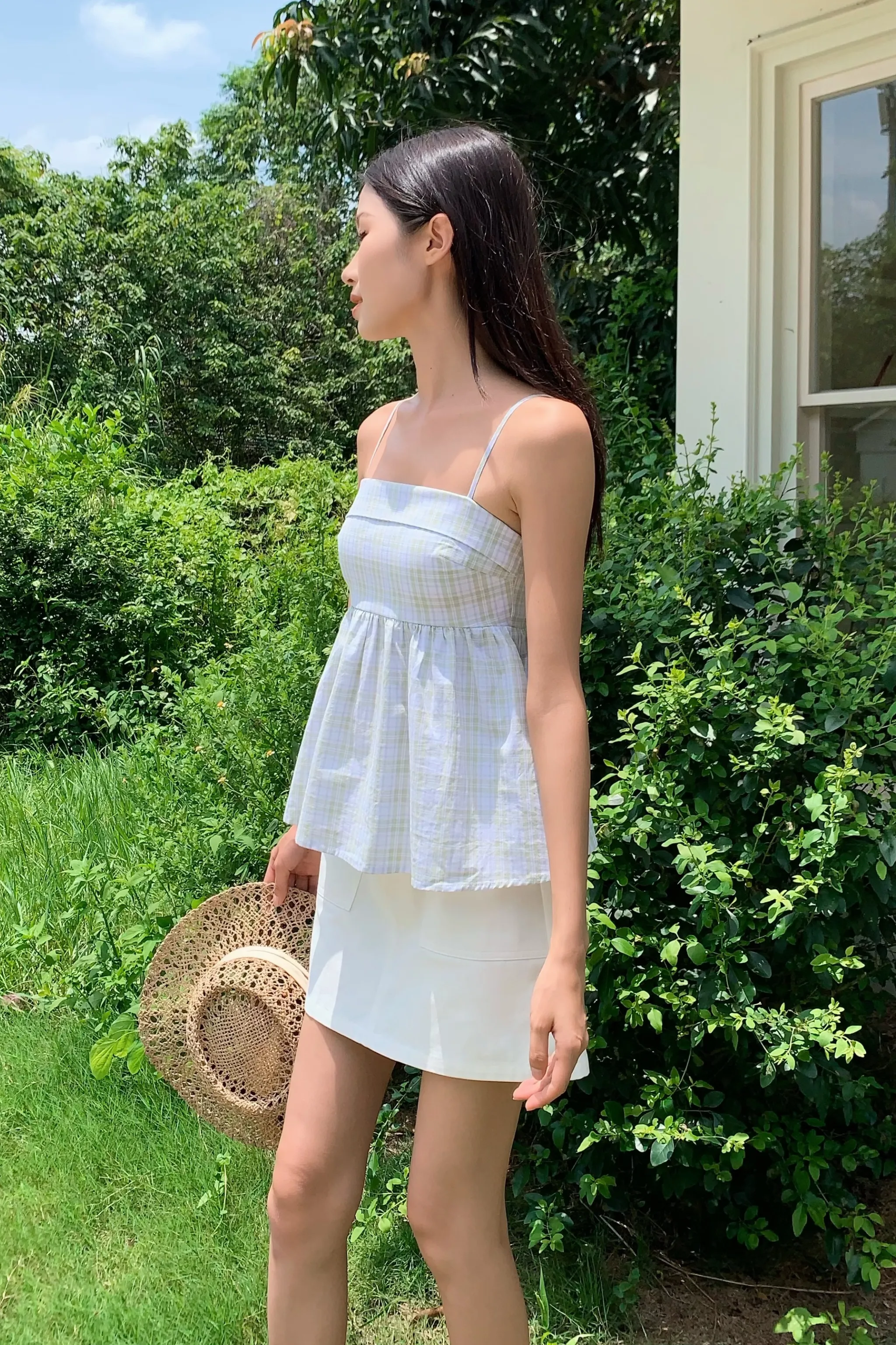 Elastic Edge Binding Mimi Checks Strappy Top Sage (Restock)