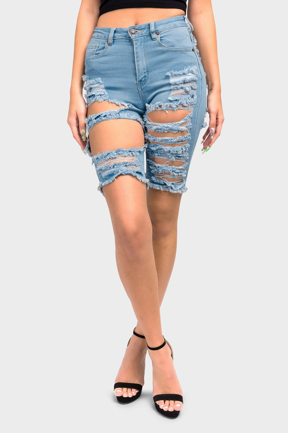 Extreme Distressed Skinny Bermuda Shorts Elastic waist Soft Waistband