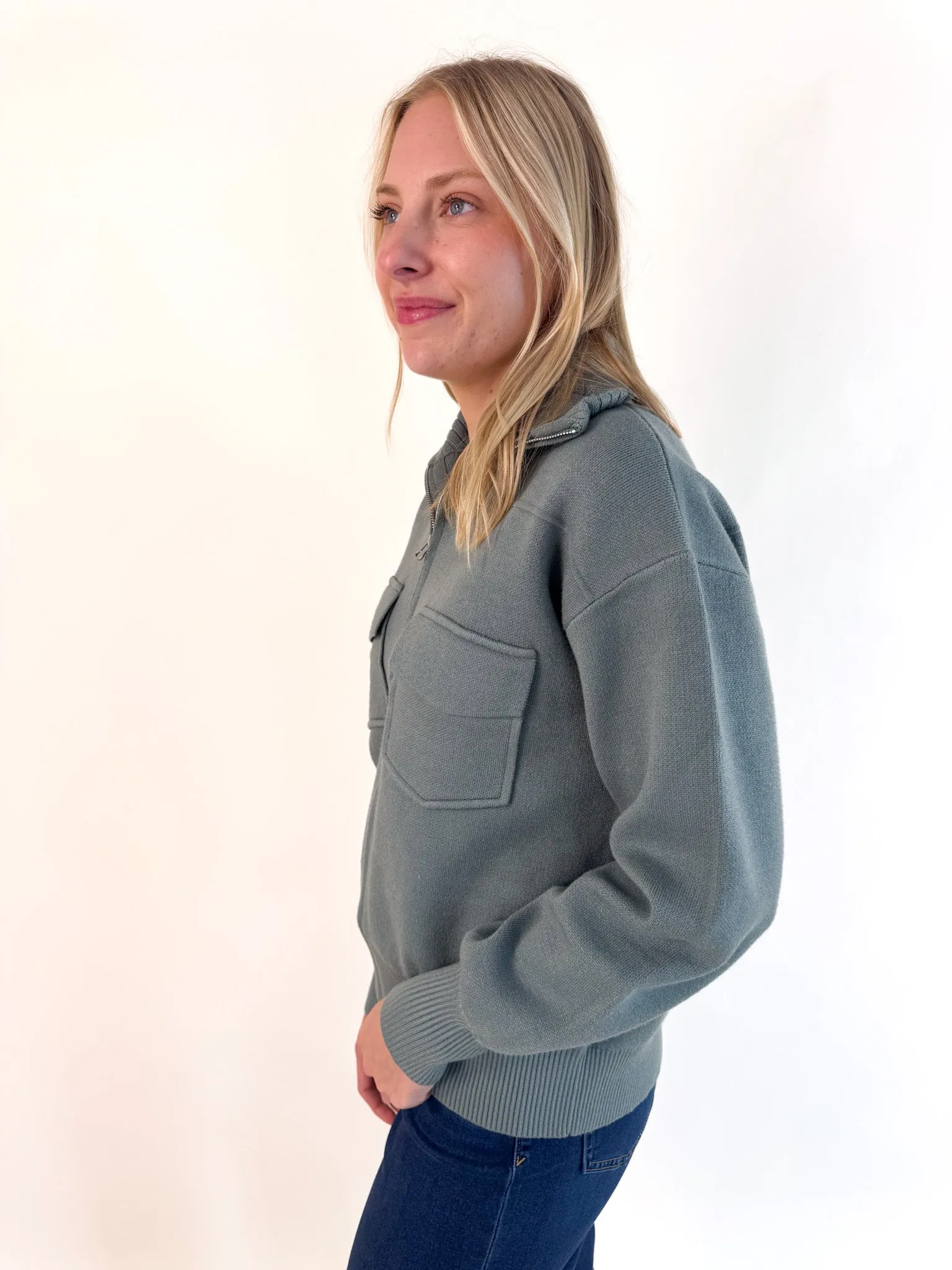 Eco Friendly Dye Process Comfy Design Dusty Jade Zippered Jacket