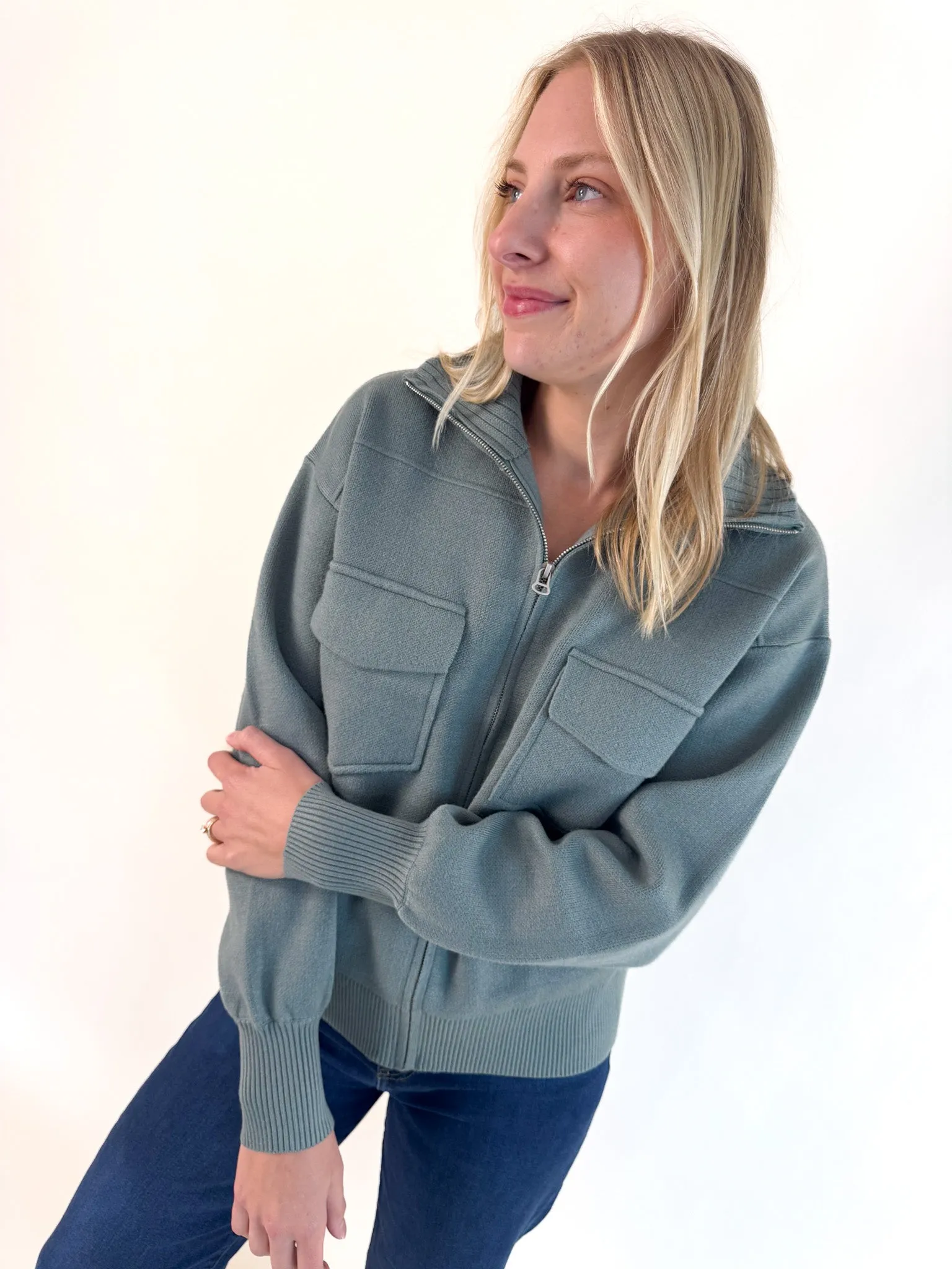 Anti Static Treatment Dusty Jade Zippered Jacket