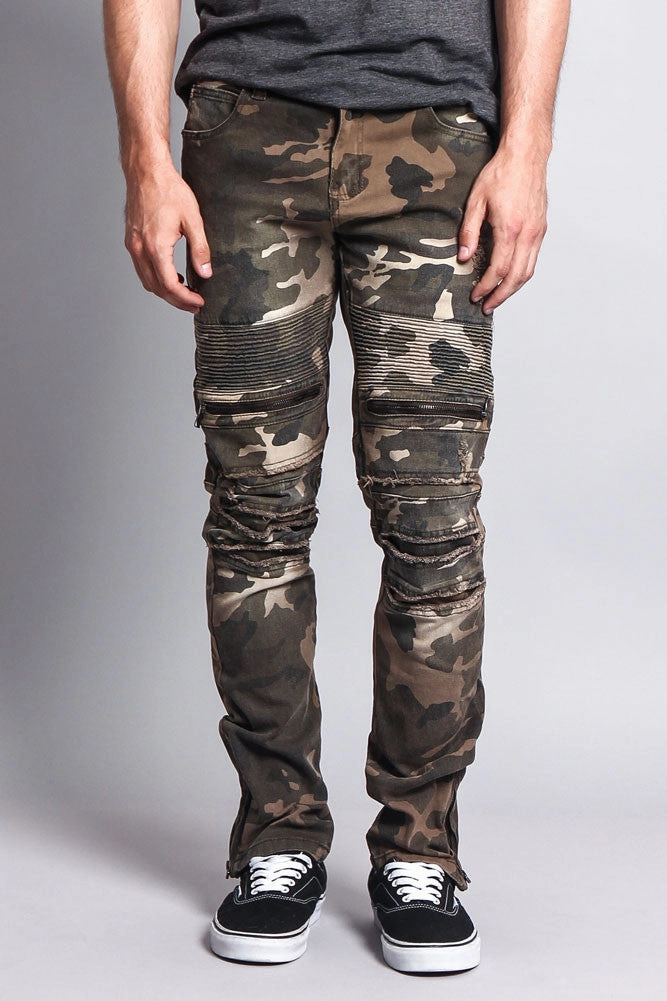Linen blend Zipper Cut Biker Camo Jeans