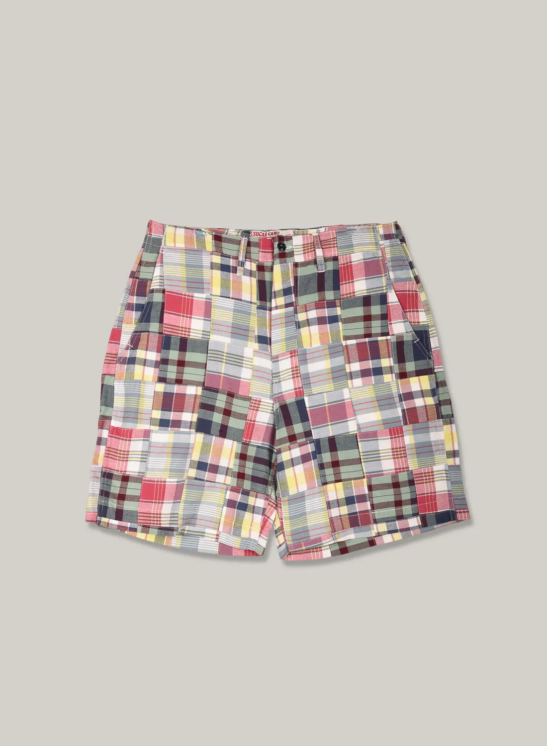 Extended Inseam Options SUGAR CANE MADRAS SHORTS PATCHWORK CHECK - GREEN