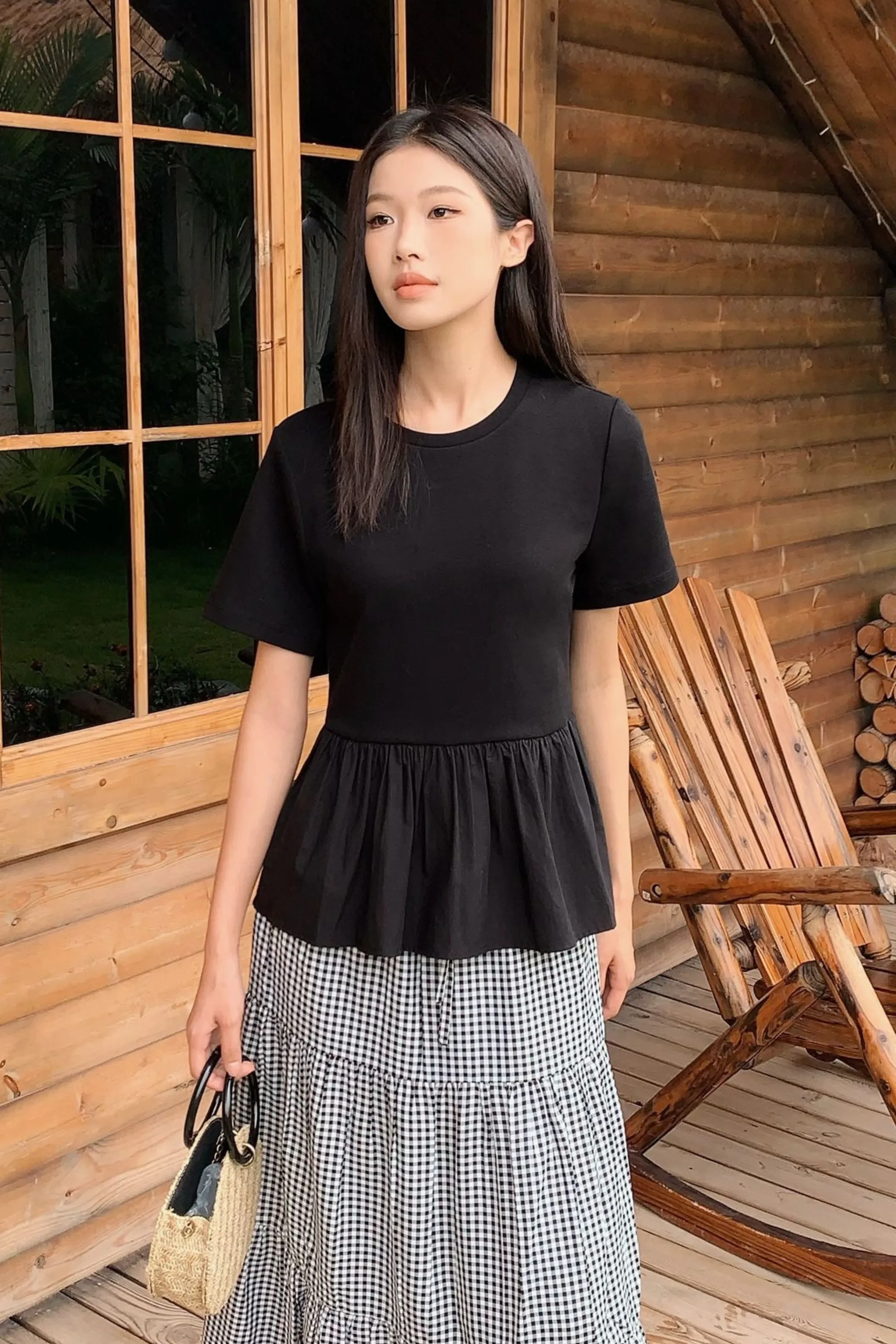 Sightseer Babydoll Top Black Fitted Shirt Casual Button-Down
