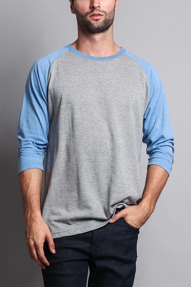 RibbedTrim Active Look Men's Baseball T-Shirt (Grey/Carolina Blue)