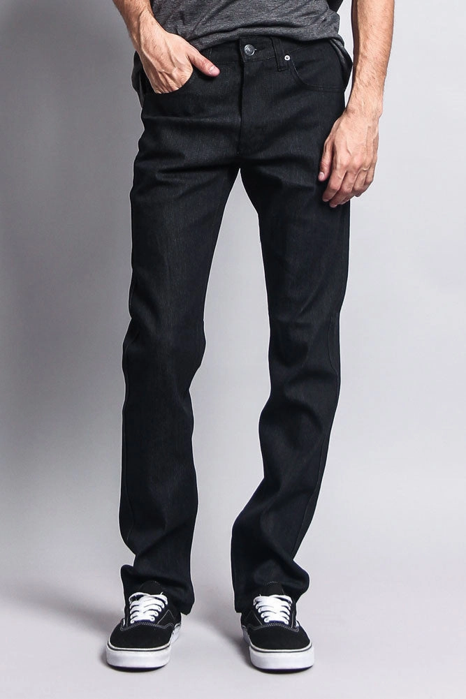 AbrasionResistantFabric Stretch waistband Men's Slim Fit Raw Denim Jeans (Black)