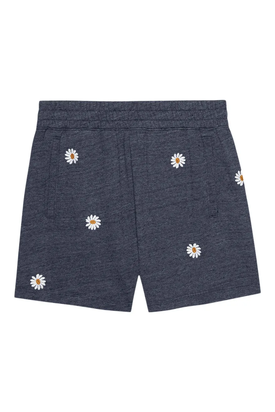 The Great Victory Short in Heathered Vintage Blue with Floating Daisy Embroidery Casual Look Fashionable Design