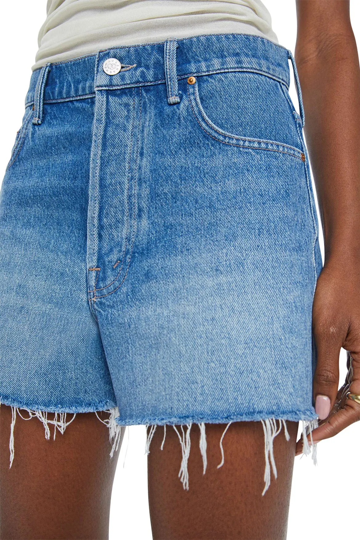 Mother Denim Main Course Fray Shorts in Chew Toy Cozy Waist Breathable mesh