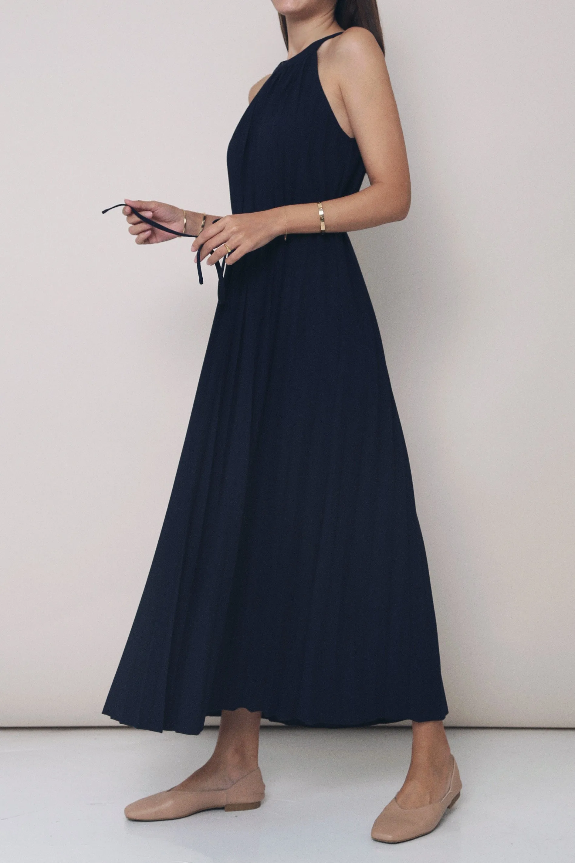 CNY Hope Pressed Pleat Midaxi Dress Midnight Navy Matte Fabric