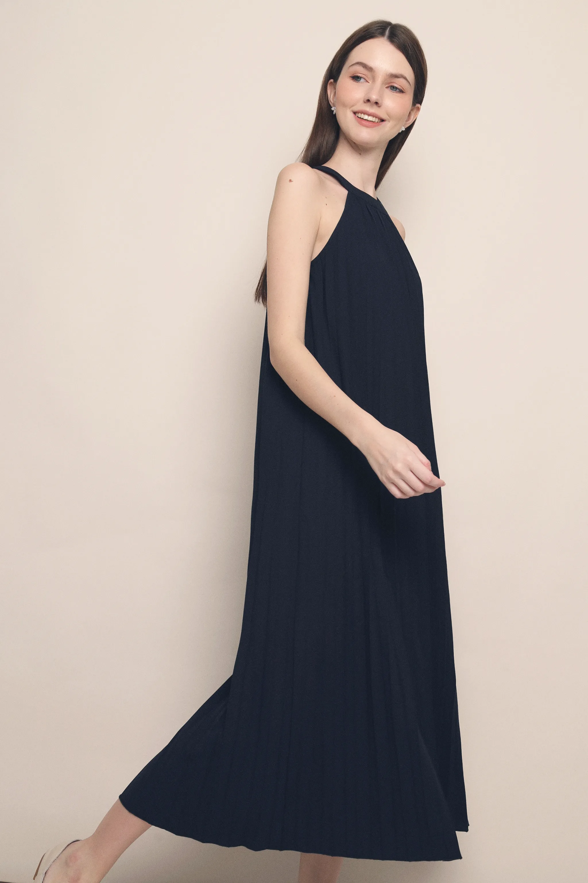 Dreamy Flow Mood Casual CNY Hope Pressed Pleat Midaxi Dress Midnight Navy