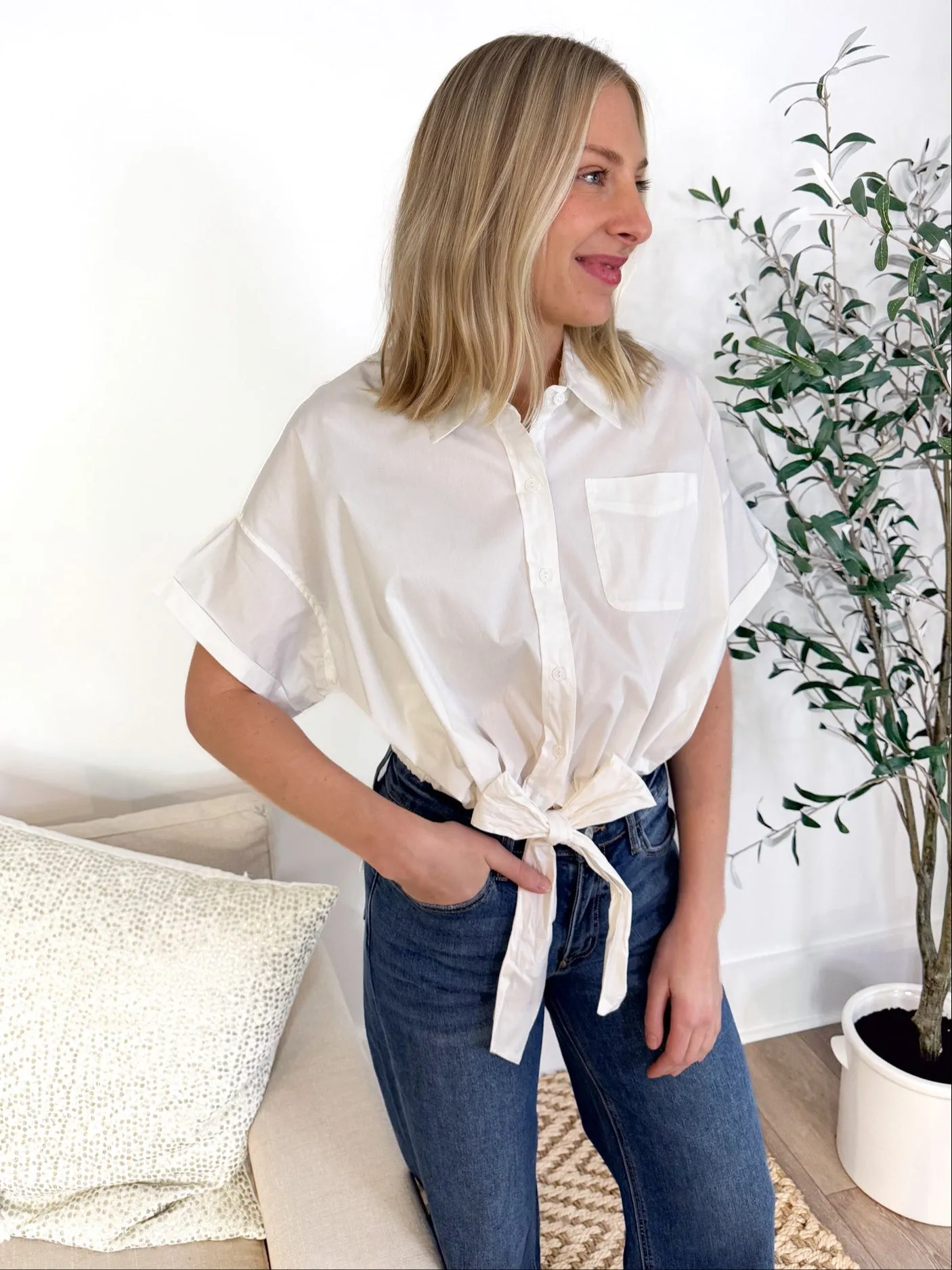 Eliza Cropped Tie Front Blouse No Slip Shoulder Grip