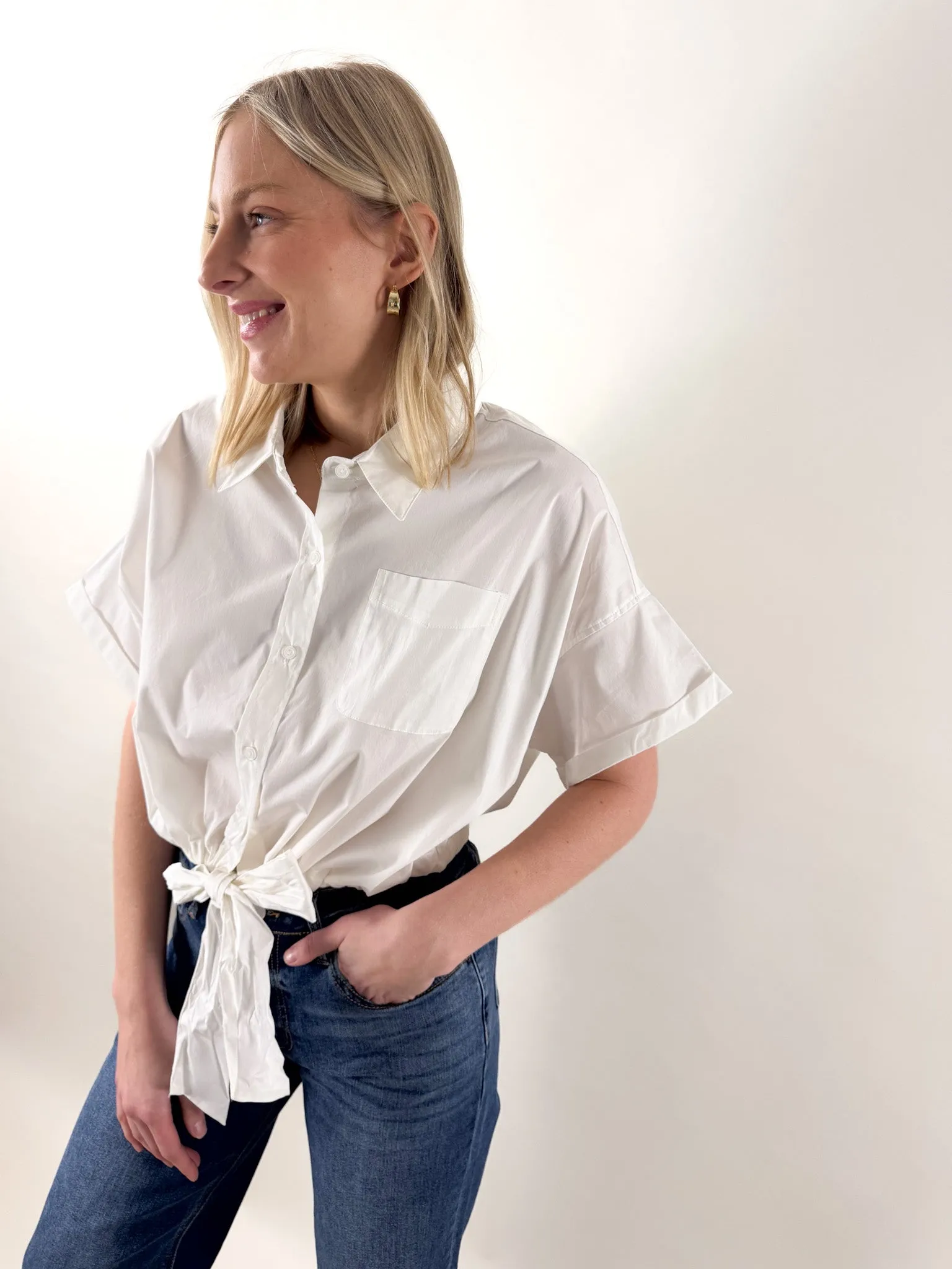 Eliza Cropped Tie Front Blouse Adjustable Cuffs Embroidered Logo