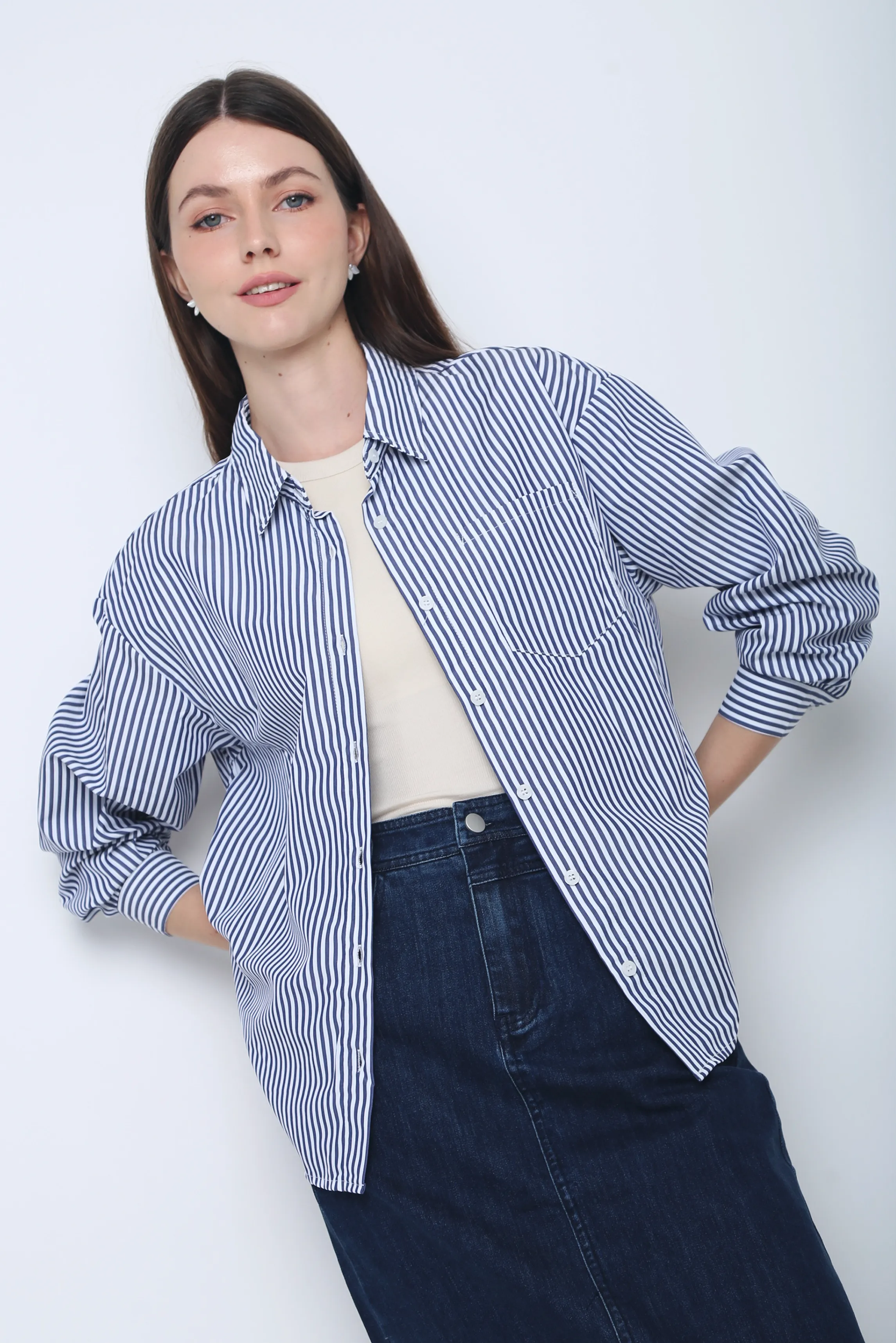 Emmy Stripe Pocket Shirt Navy Moisture Wicking Material