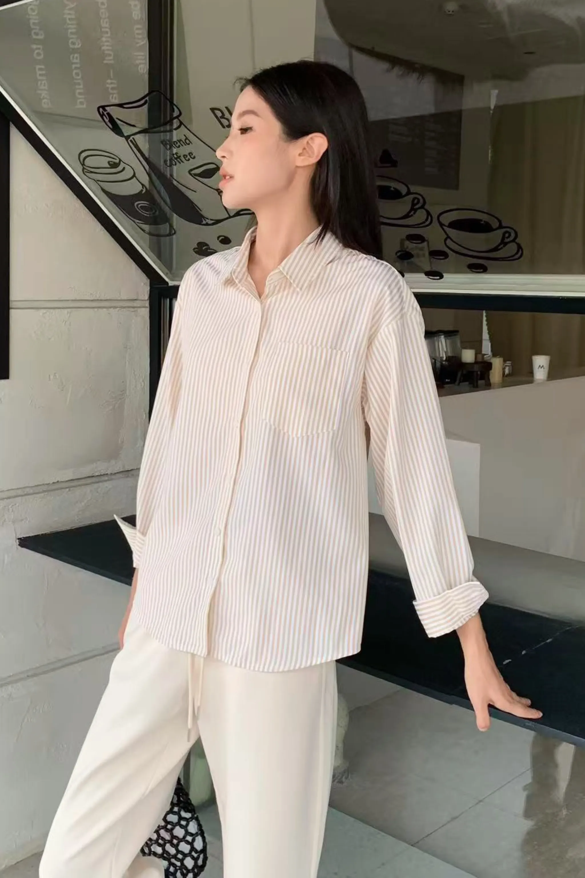 Emmy Stripe Pocket Shirt Vanilla Yellow TemperatureRegulating Material Lightweight Fabric