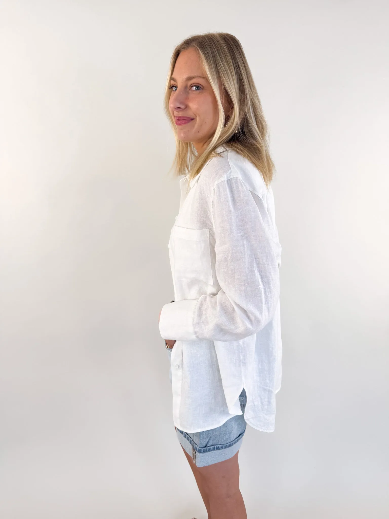 Casual Hangout Relaxed White Linen Shirt