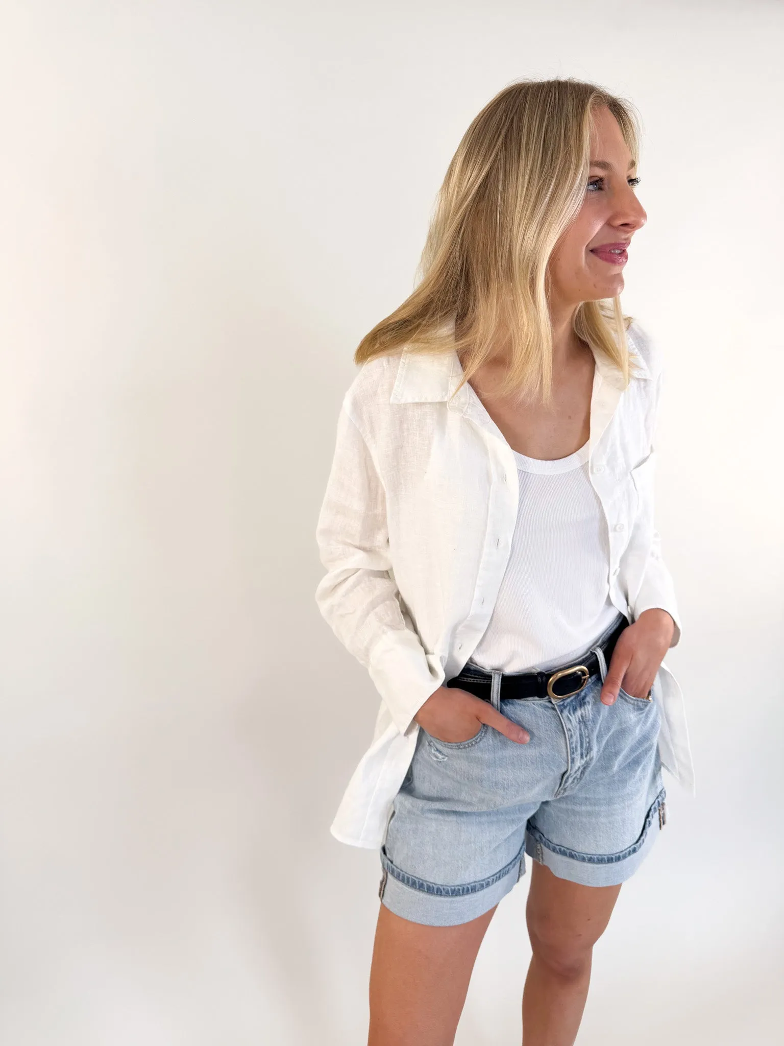 Layered Sleeve Cuffs Relaxed White Linen Shirt