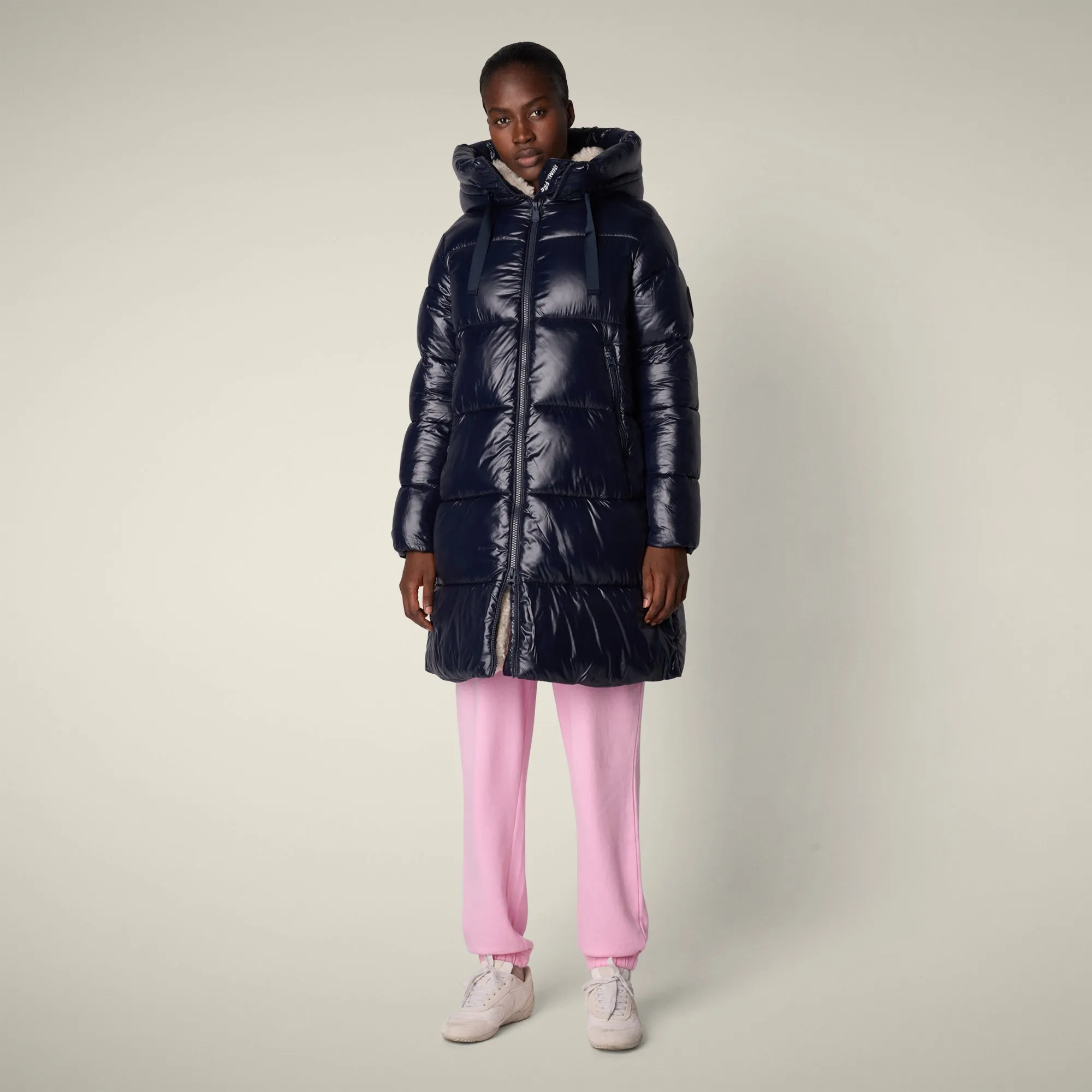 Women's Animal free puffer Coat bella in blue black Removable Hood Smooth Zipper Action