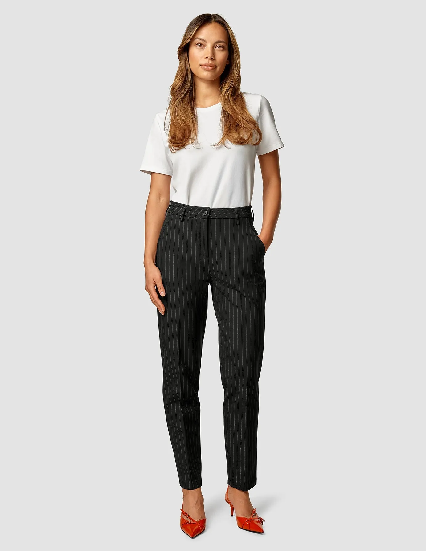 Essential Pants Tapered Black Silver Pinstripe Smart Casual Comfortable Movement