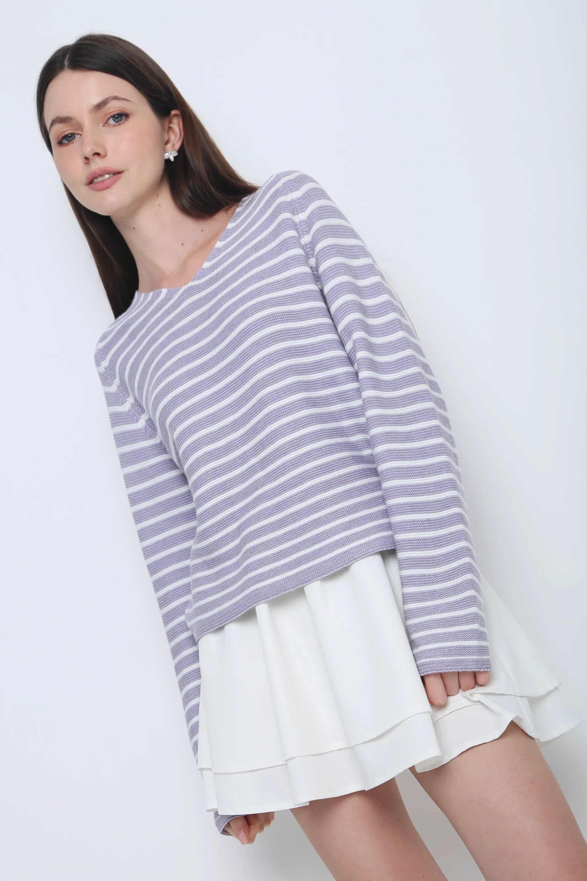 Hygroscopic Inner Layer Essential Stripes Knit Top Periwinkle & White