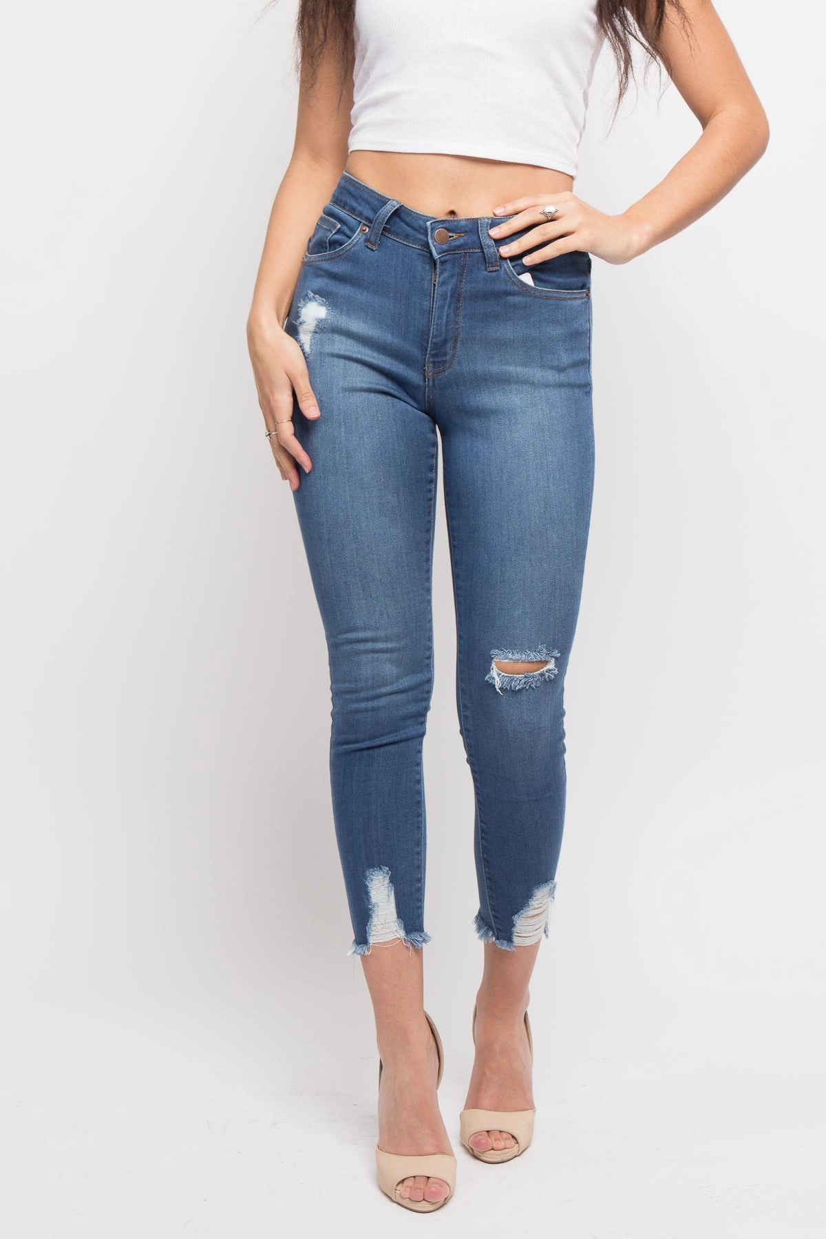 Essential Distressed Cropped Jeans Comfy Cut Stretch waistband