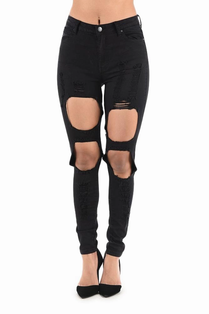 Women's High Rise Destroyed Twill Denim Jeans Low Profile Fasteners AllDayCompression