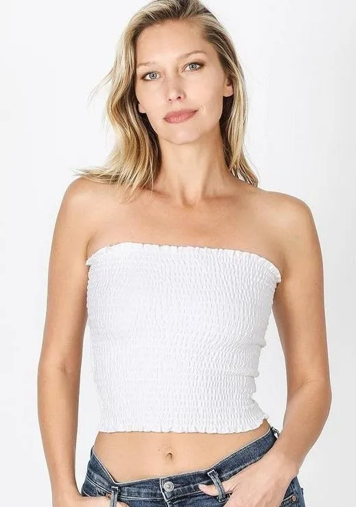 LatticeKnit Stretchable Material Exposure Cropped Smocked Tube Top