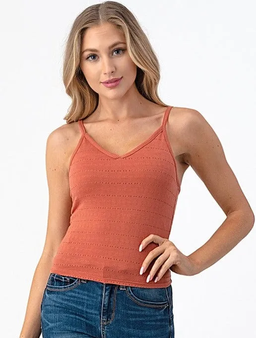 Exposure Pointelle Top-Terracotta RibbedCollar