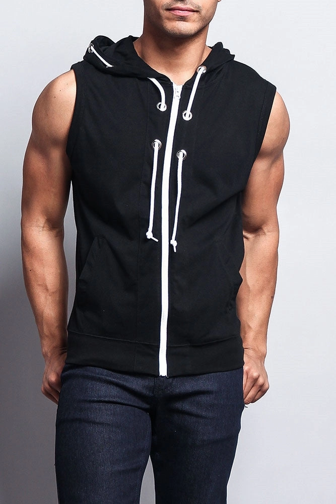 Eyelet Sleeveless Contrast Hoodie Polished Look